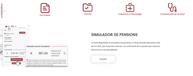 La pàgina web de la CASS, en la que s'informa que hi ha disponible l'eina per calcular la pensió.